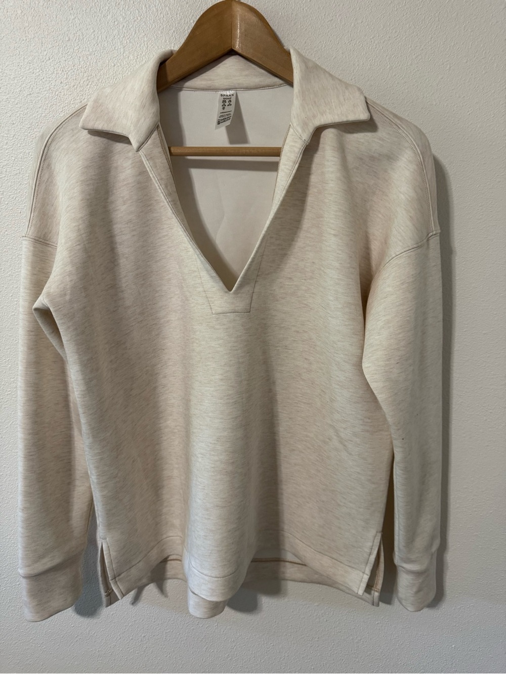 Spanx AirEssentials Long Sleeve Polo Top Heather Oatmeal Travel Athleisure-Small